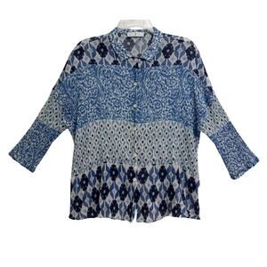 WHYCI Milano Blue Floral 3/4 Sleeve Sheer Cotton Silk Boho Blouse Size 42 Italy